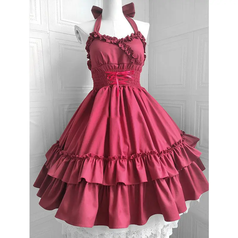 Girls 2024 Summer Classic Elegant Lolita Vintage Japanese Soft Girl Ruffles Drawstring Waistband Fashion Solid Color Drop Dress