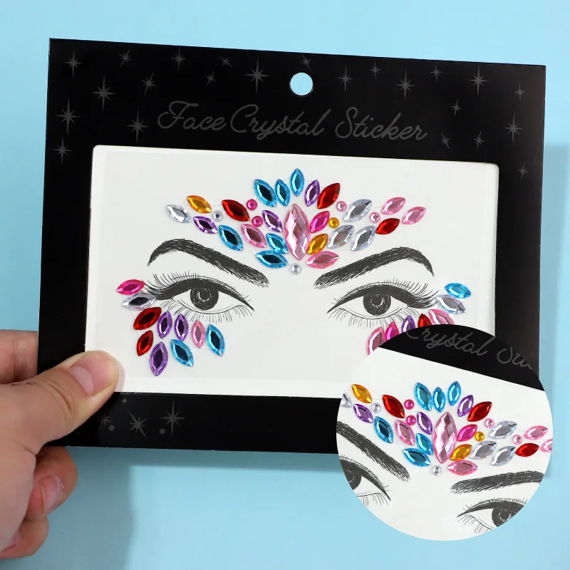 ملصقات وجه من الراتنج البيئي ملونة من حجر الراين، ملصقات ذاتية اللصق لامعة للجسم لحفلات المهرجانات، تبادل لاطلاق النار، سهلة الإزالة