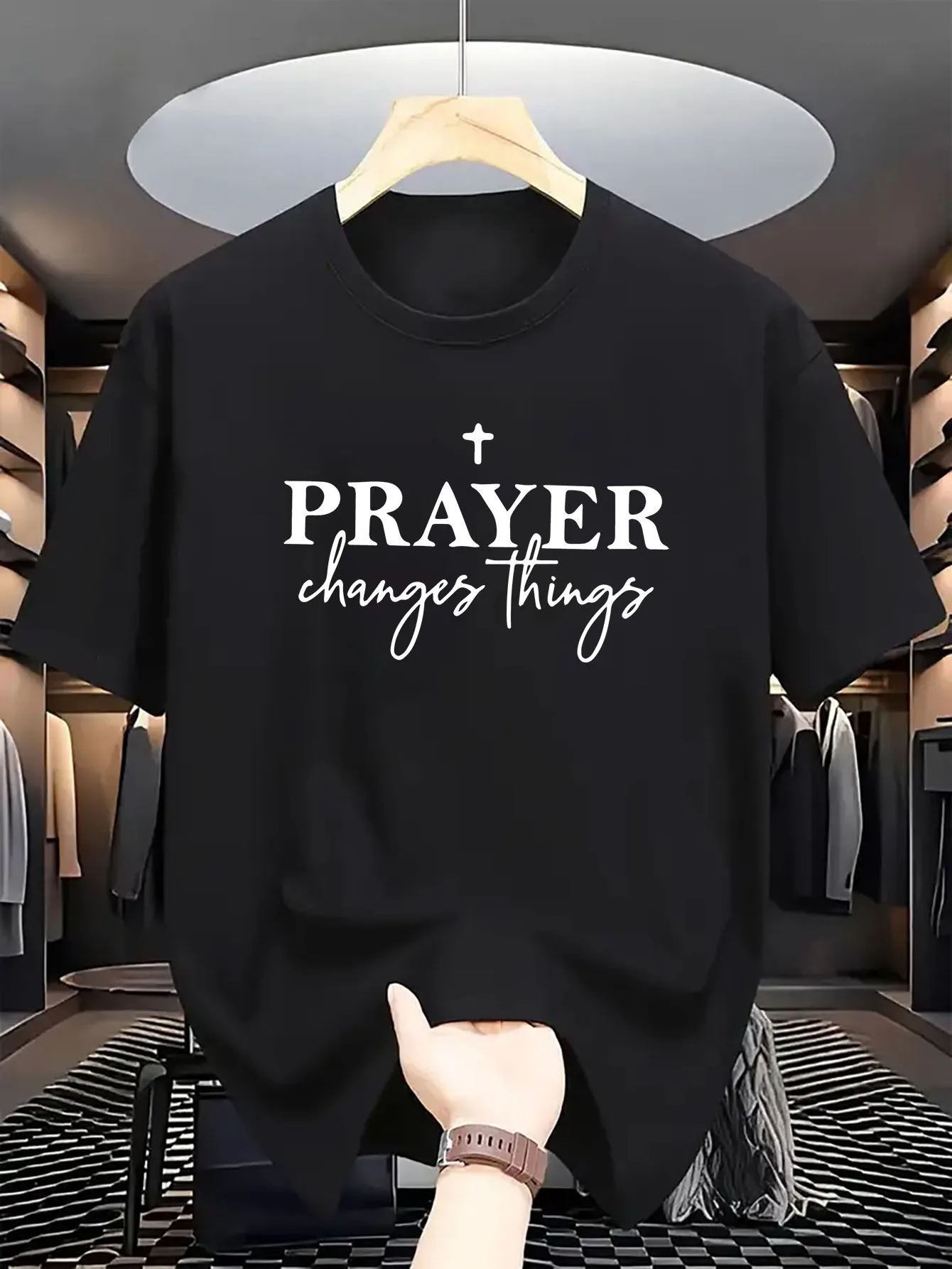 

Men's Christian Faith Clothing Prayer Changes Everything T-Shirt with Cross Soft Everyday Top Suitable for Worship, Retreat and Spiritual Gifts Simple Religious Clothing Church Wear Comfortable Style