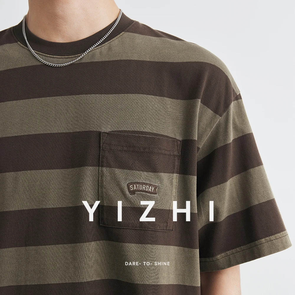 2025 Summer New Men's Striped Round Neck Short Sleeve T-shirt 100% Cotton Loose and Comfortable Retro Pocket Half Sleeve Top