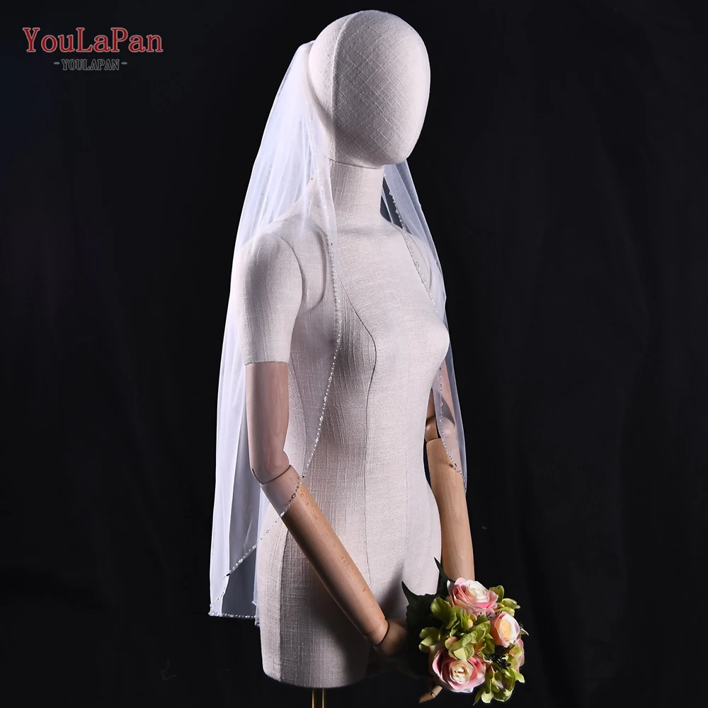 YouLaPan V31 velo da sposa con bordo in cristallo veli da sposa cristallo Organza perline velo scintillante velo corto con pettine