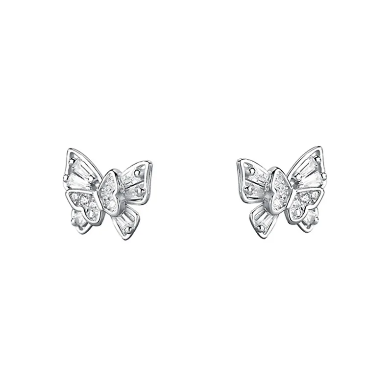 925 Sterling Silver Jewelry Double Layer Crystal Butterfly Stud Earrings for Women Wedding Party Jewelry For Girls Friend Gift