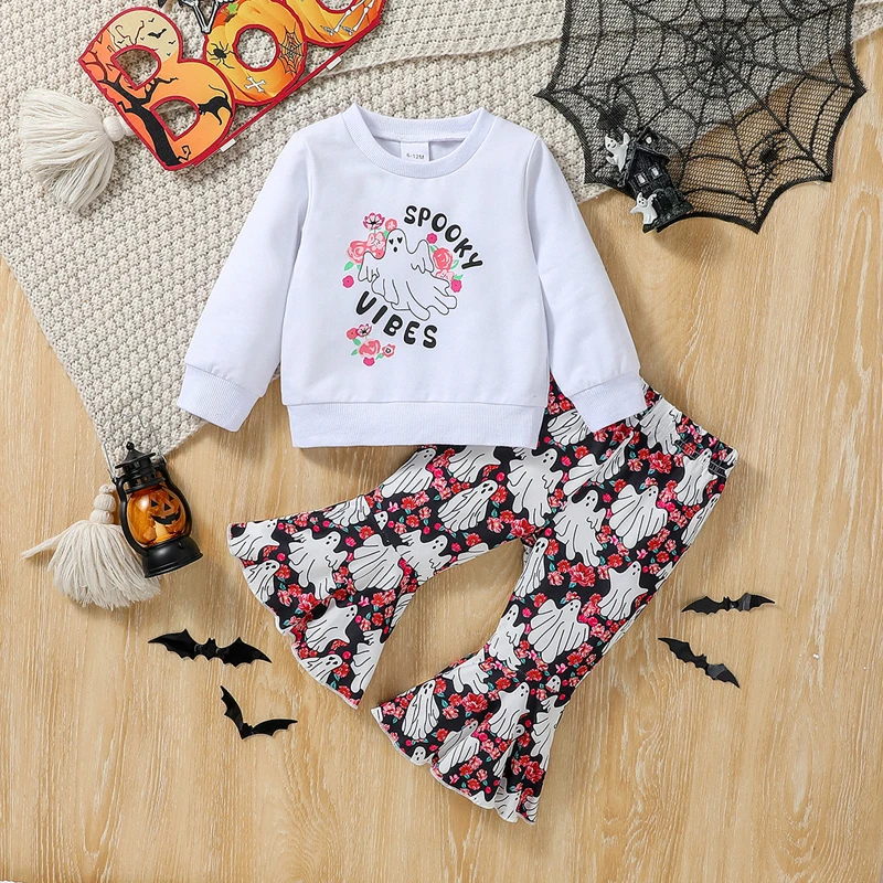 Kleinkind Mädchen Halloween Outfits Ghost Letter Print Langarm Sweatshirt und elastische Flare Hosen Set 2 Stück Kleidung