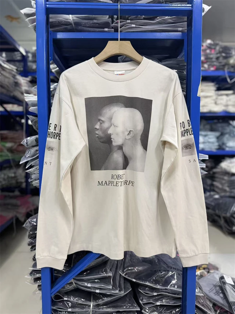Vintage SAINT Double Shadow Pattern Printed Long Sleeve T-shirt Washed High Street Cotton Casual Loose Simple Comfortable Men