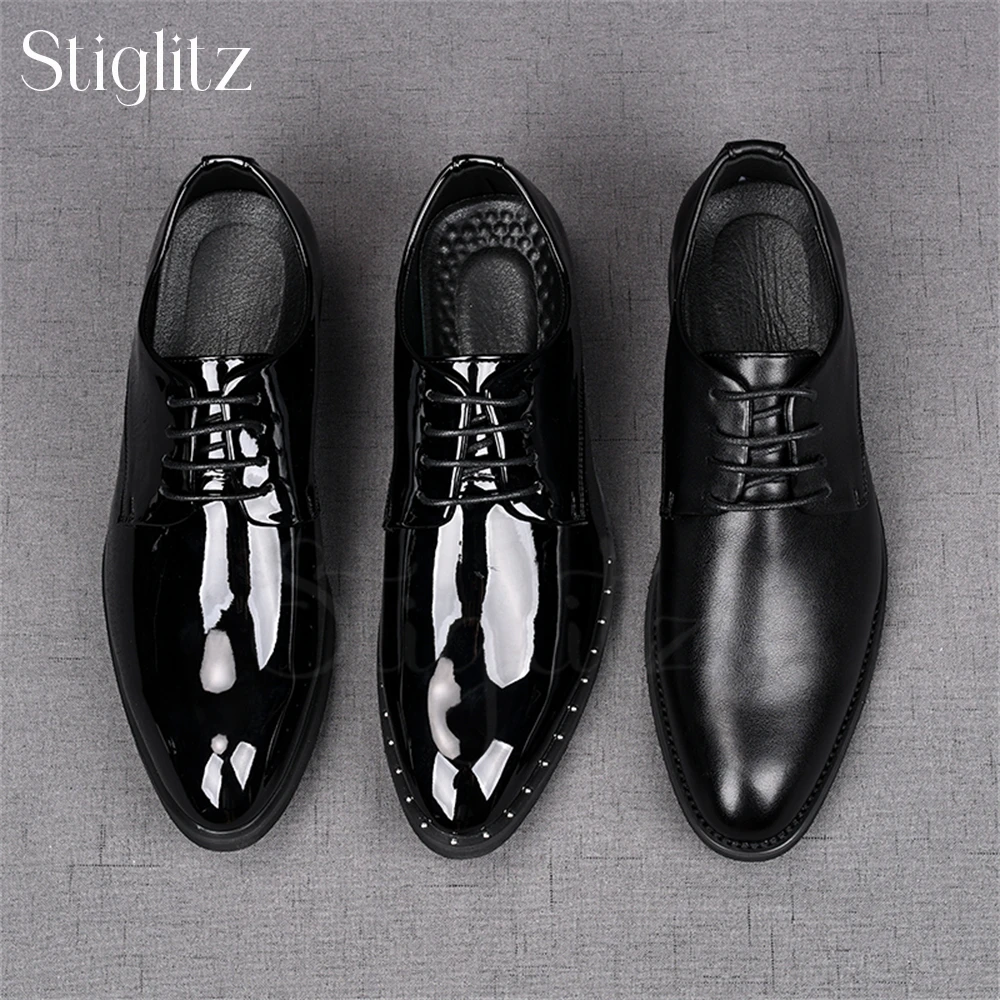 

Black Patent Leather Formal Shoes Elegant Business Dance Shoes Almond Toe British Style Men's Wedding Shoes Rivet Lace-Up Shoes