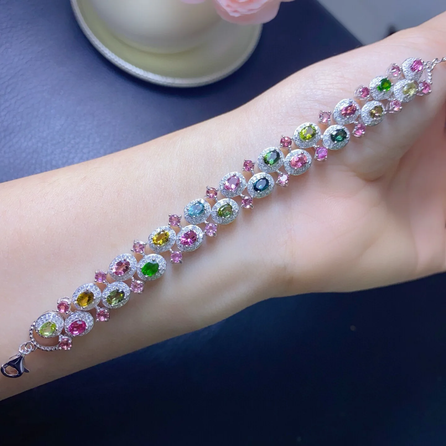 S925 Silver Tourmaline Bracelet, Fine Craftsmanship with Sparkling 3x3mm & 3x4mm Gems