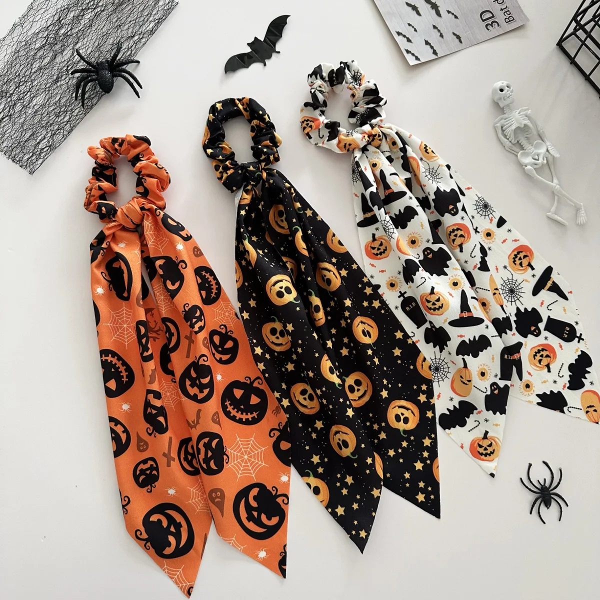 Halloween printed scarf, tight pants, pumpkin bat, spider web pattern, bow, women's long ribbon, holiday hair accessory
