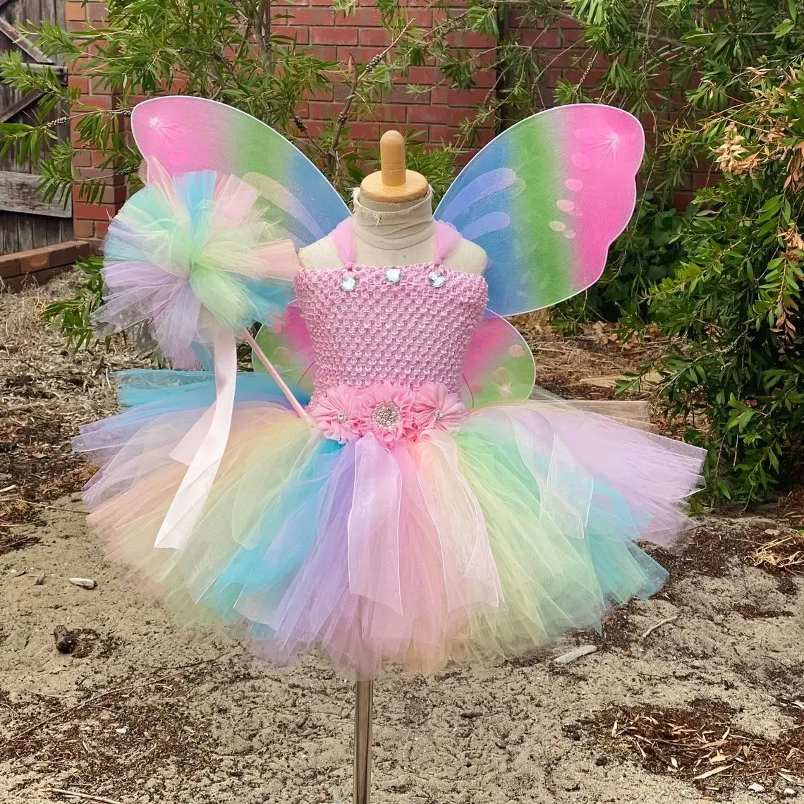 Girls Pastel Butterfly Fairy Dress Kids Flower Tutu Dresses with Wing and Stick Hairbow Outfit Children Birthday Party Costumes