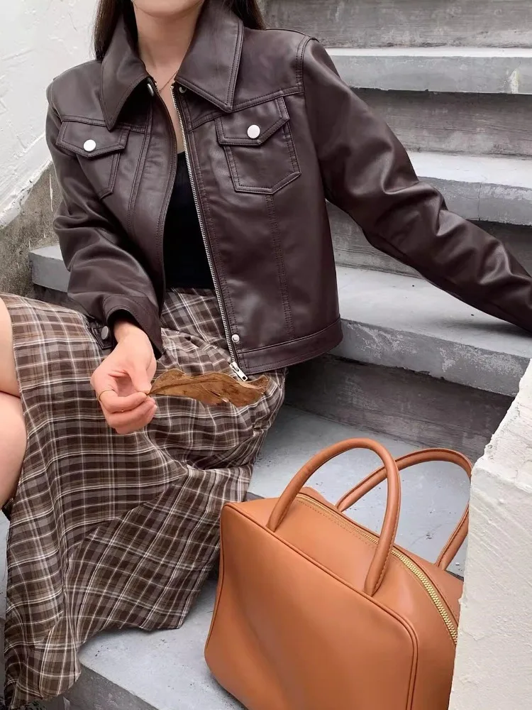 

Куртка из искусственной кожи OFTBUY: Новая винтажная мотоциклетная куртка премиум-класса для женщин, черное пальто из ПУ, модная коллекция Весна 2026