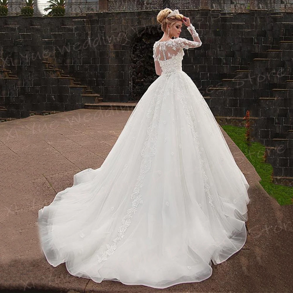 Robes de mariée A-ligne pour femmes, appliques de dentelle gracieuses, robe de princesse à manches longues, mariée luxueuse et exquise