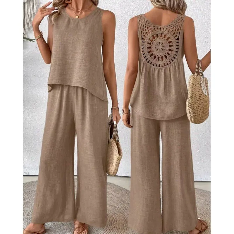 Spring Summer Fashion Solid Two Piece Sets 2024 Women Casual Loose Hollow Lace Sleeveless Top Wide Leg Pants Two Piece Set Woman