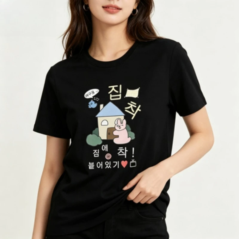 Kawaii Women Cotton T‑Shirt Korean Style Cartoon Rabbit House Graphic Print O‑Neck Short Sleeve Lovely Aesthetic Ladies Wear Tee