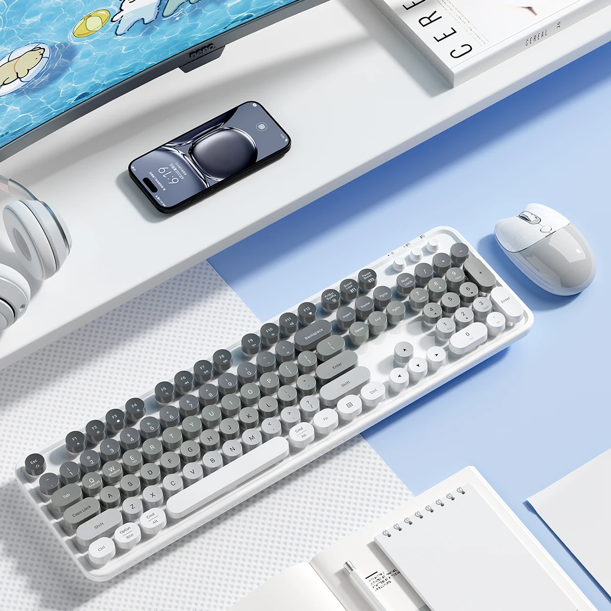 MOFii Gray White Gradient Dual-Mode Wireless Combo, Retro Round Rechargeable Ergonomic Keyboard Mouse for Multi Devices