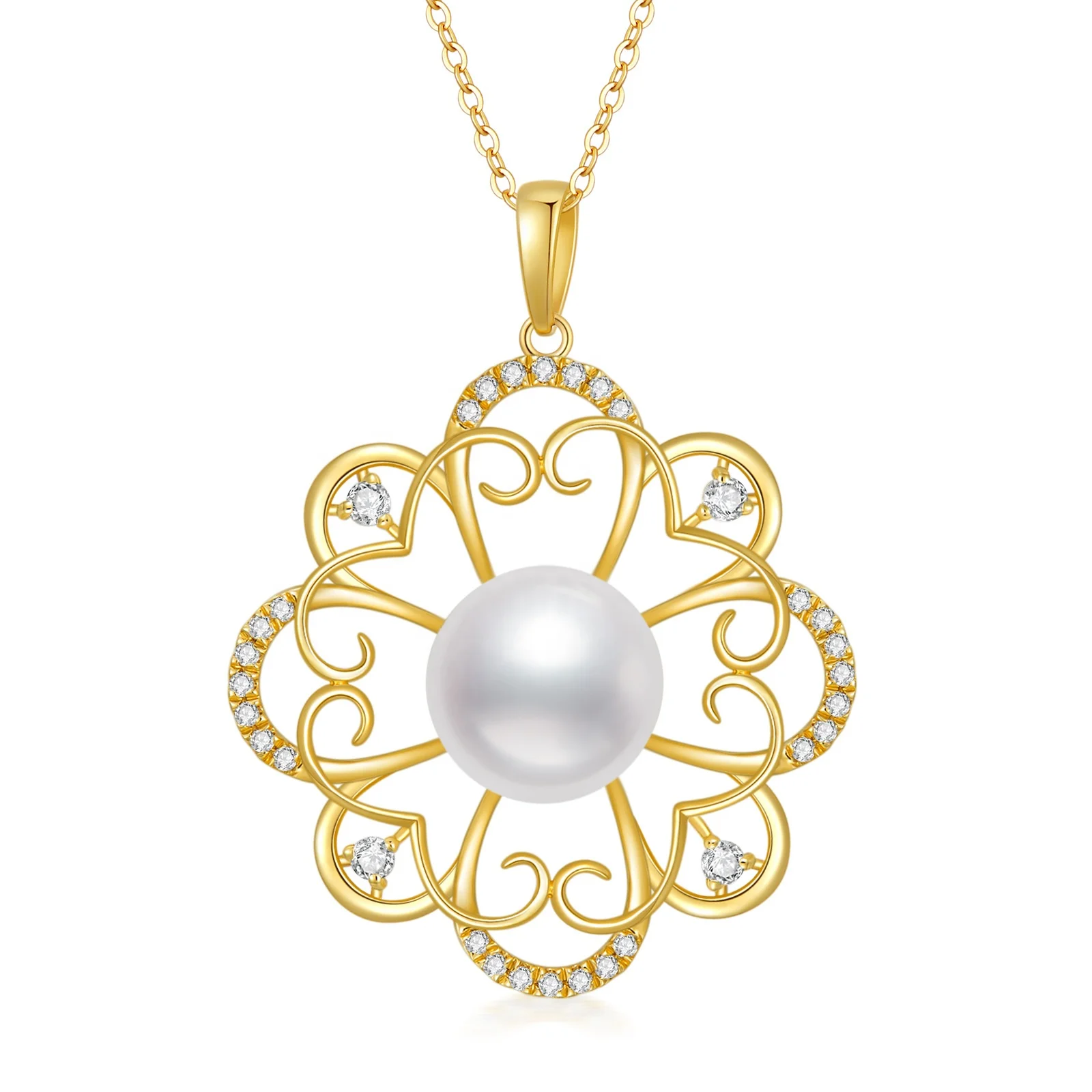 

Luxury Jewelry 14k Gold Plated Cubic Zirconia 9mm 4A Freshwater Pearl Flower Pendant Necklace