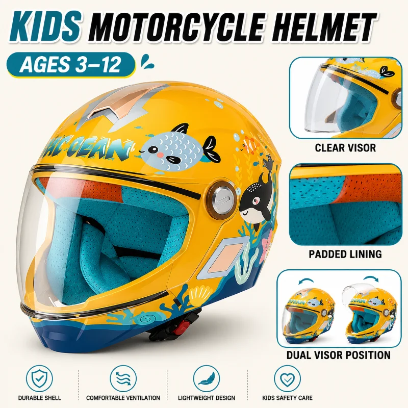 Kids Motorcycle Helmet Ages 3-12 Boys Girls Cartoon Full Face Open Face Riding Helmet with Clear Visor Padded Lining