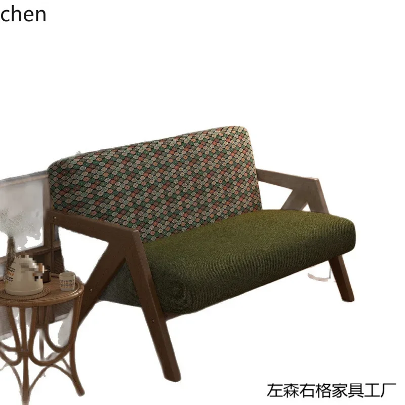 YFY  Solid Wood Sofa Vintage Style Small Apartment Double Seater Living Room Fabric Small Sofa