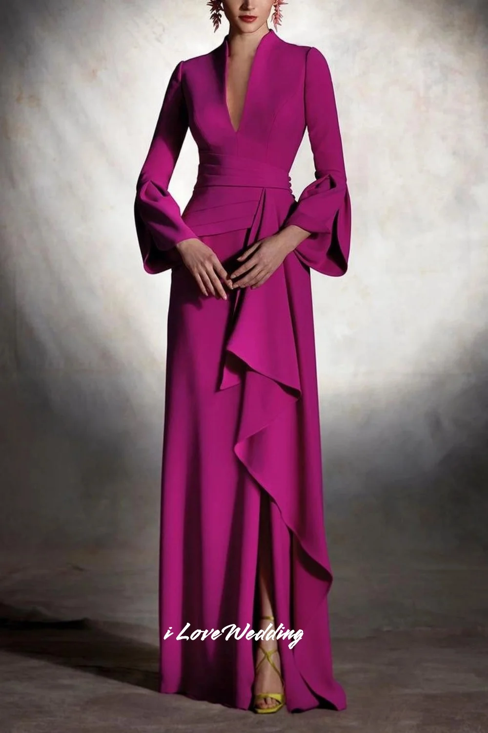 

Fuchsia V-Neck Evening Dresses 2025 Long Sleeve Ruffle Mermaid Split Elegant Pleated Floor Length Wedding Party Dress Customized