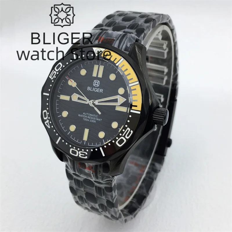 BLIGER 41mm NH35 Self-winding Men's Watch Black Dial C3 Luminous Index Sapphire Glass Spiral Crown Stainless PVD Black bracelet