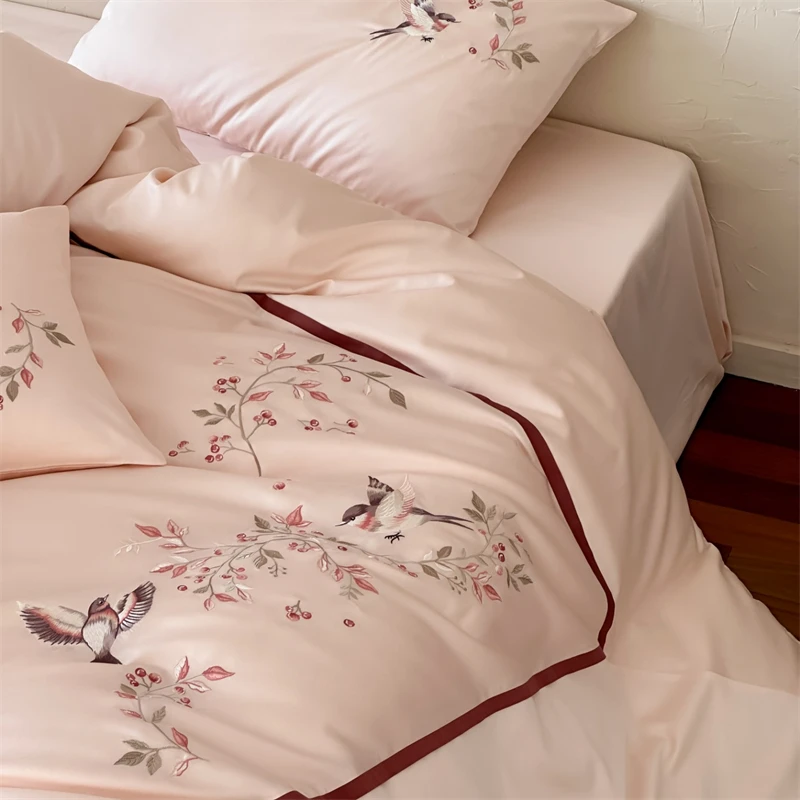Luxury Pink Chinese Style Bird & Floral Embroidery Bedding Set 600TC Egyptian Cotton Duvet Cover Flat Sheet Pillowcases 4Pcs