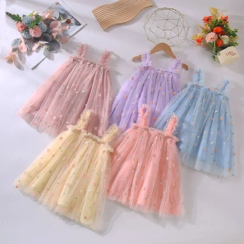 

Flowers Embroidery New Style Girls Sling Dress Sweet Mesh Vest Dress Children Birthday Party Princess Dress 9M-6T