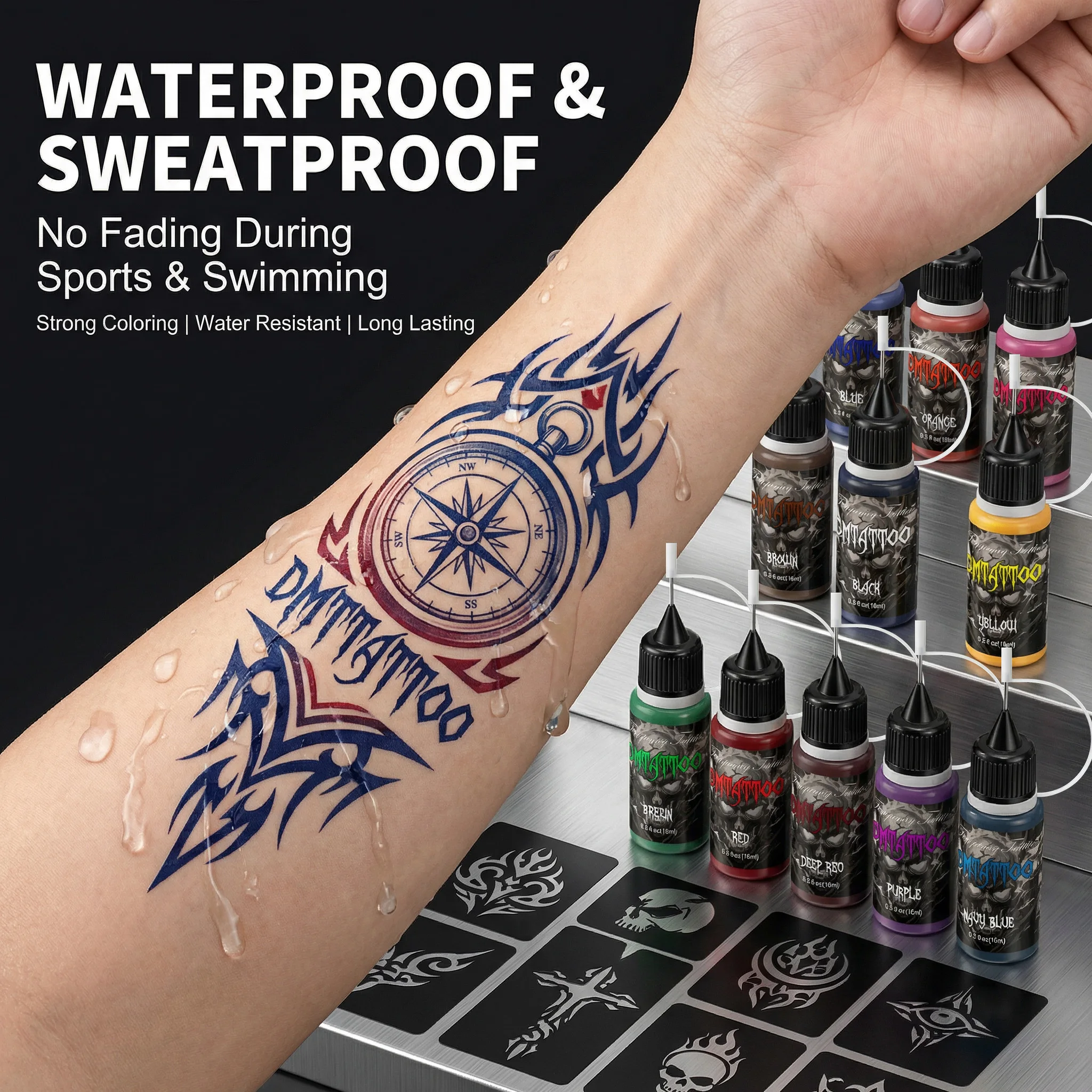 DM 6/12PCS Temporary Juice Tattoo Kit Fake Tattoo Kit Painless Body Paint Tattoo DIY Washable Fake Tattoo 6/12 Colors Tattoo Art