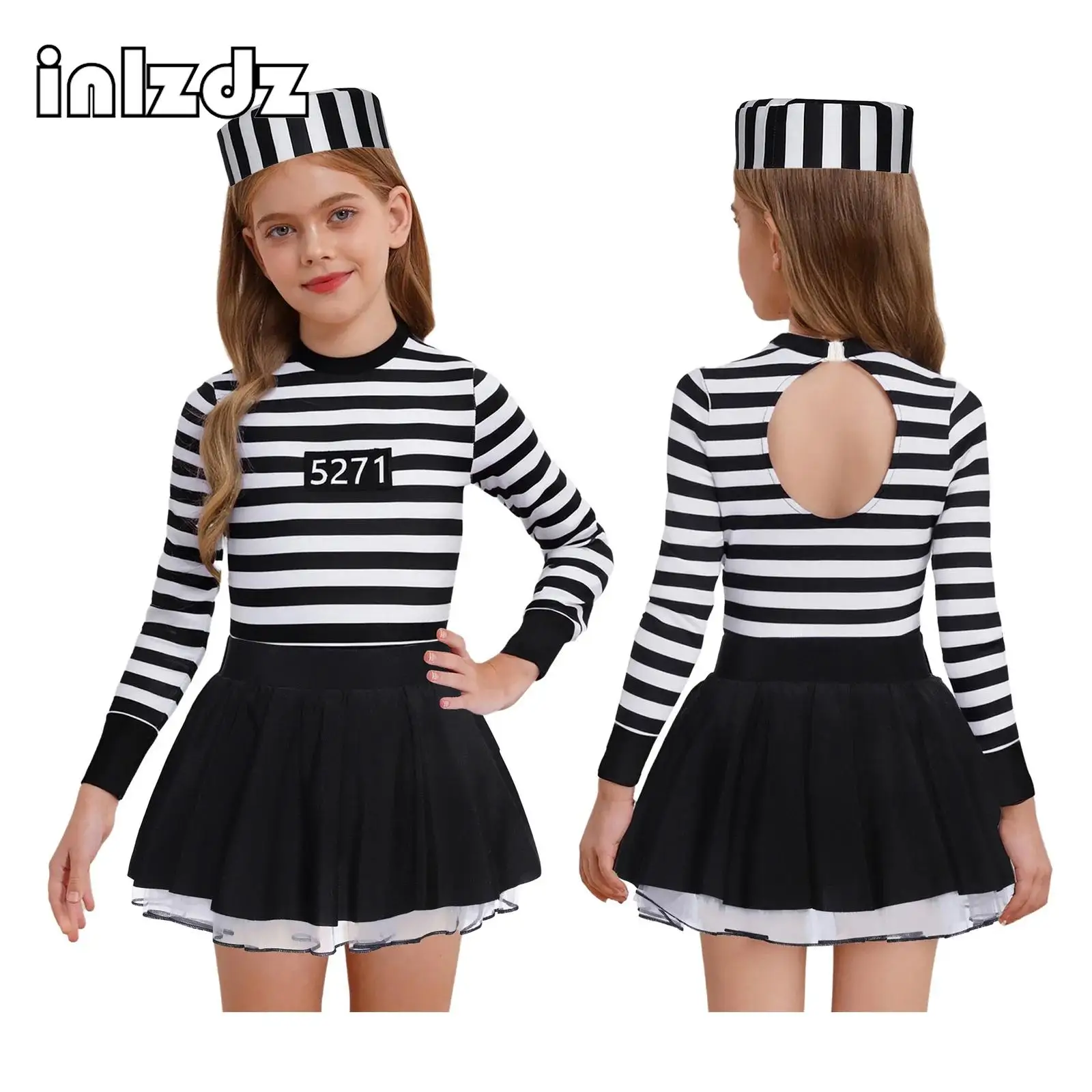 

2Pcs Girls Prisoner Cosplay Costume Halloween Jailbird Inmate Outfit Striped Puffy Dress+Convict Caps Prison Overalls Uniform