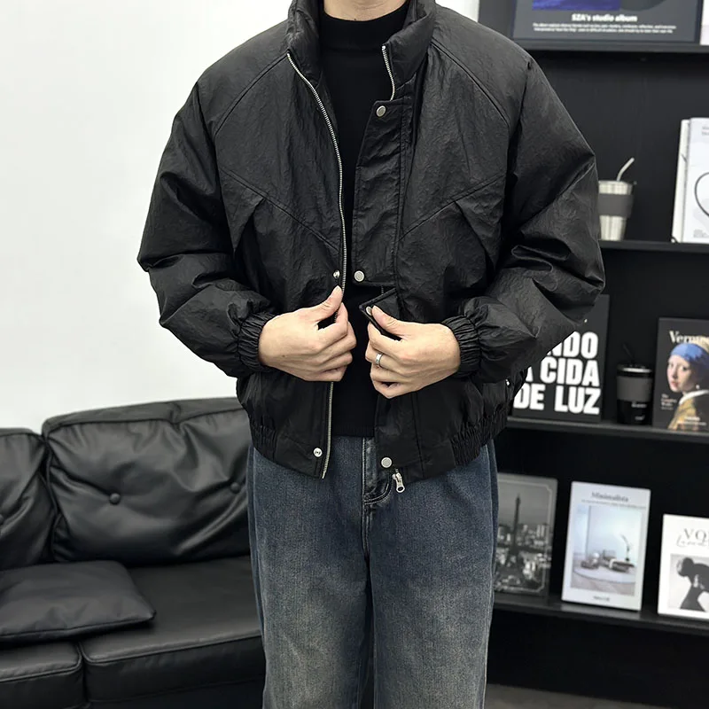 

Мужская утепленная кожаная куртка-пуховик с воротником-стойкой, черная, повседневная, зимняя, новая модная модель, на молнии, с длинными рукавами