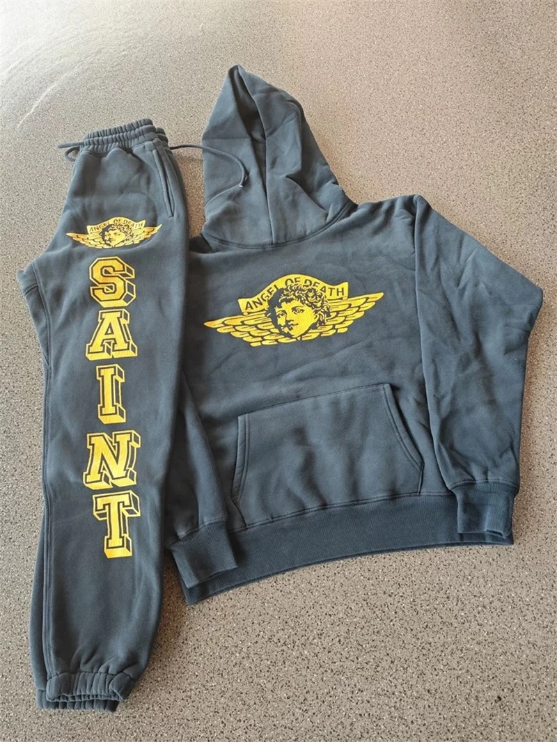 25ss SAINT MICHAEL Washed Blue Hoodies Logo Letter Printing Oversized Tracksuit Set