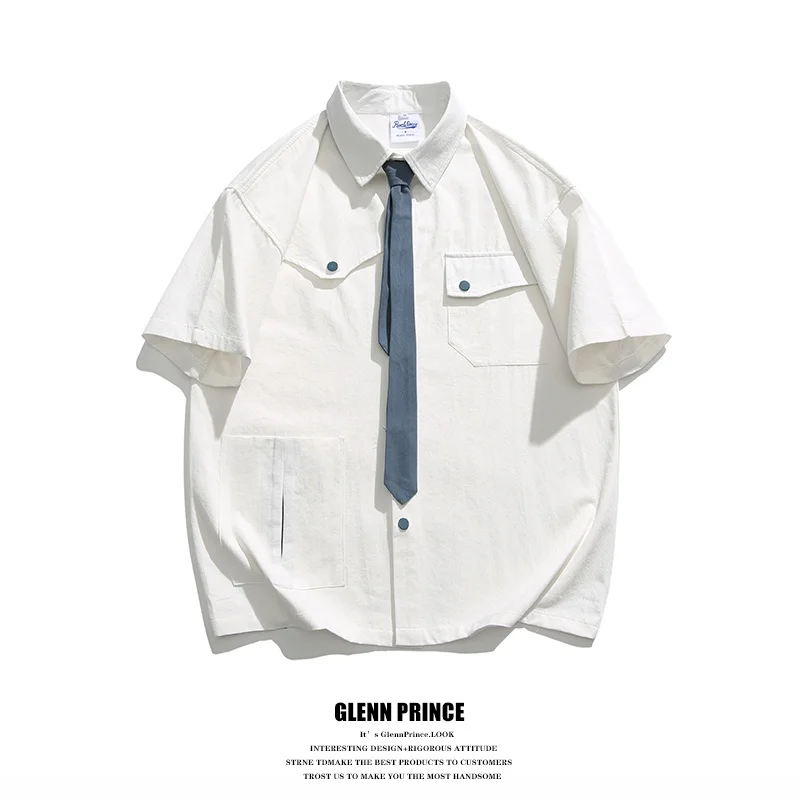 

GPstudio Trendy Brand Men's Short Sleeve White Shirt Summer Hong Kong Style Couple's Shirt Casual Loose Fit Cotton 100%