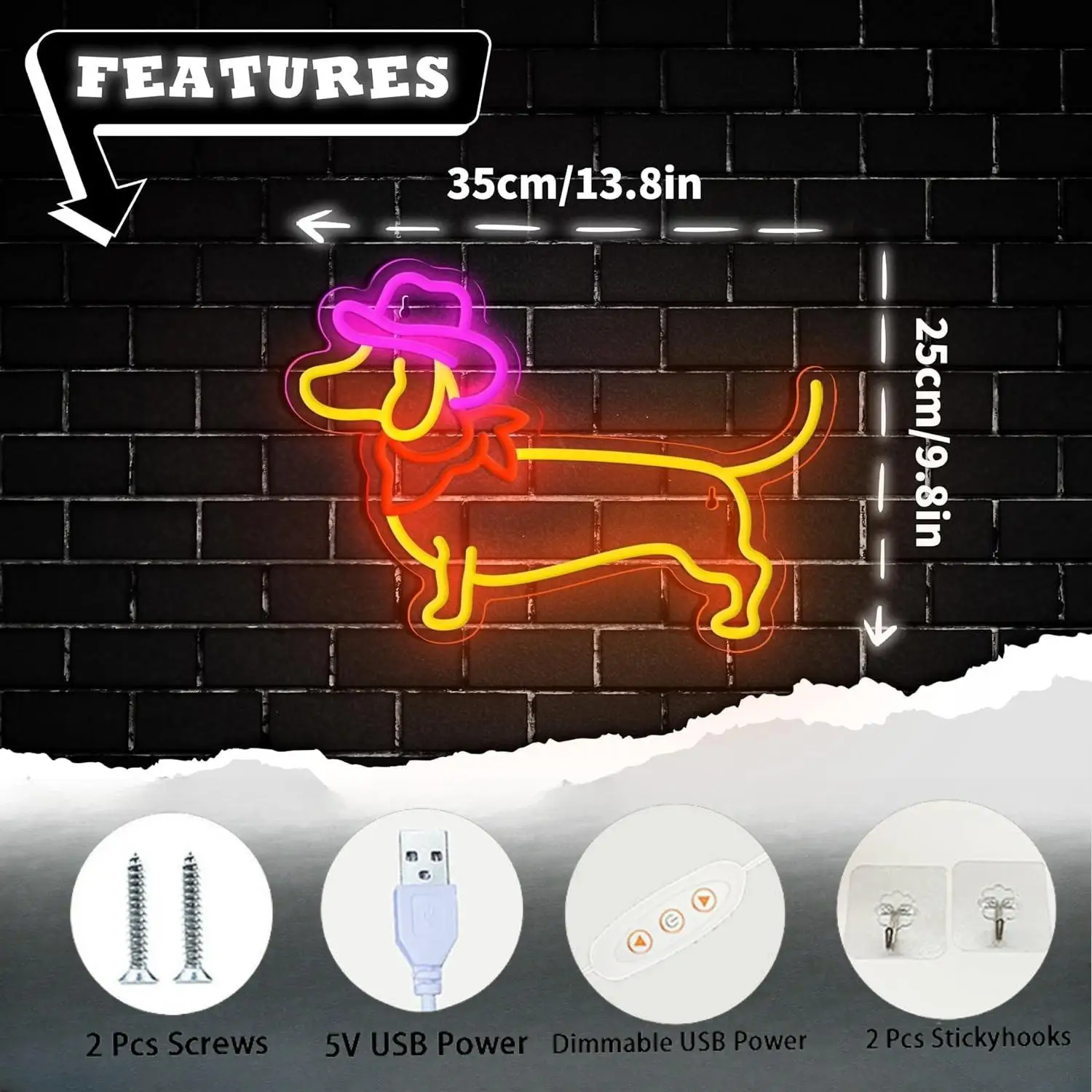 카우보이 모자 닥스훈트 LED 네온 사인 애완동물 가게 장식 조명 조절 가능한 USB 네온 라이트 어린이 방 놀이 공간 가정 거실 장식 어린이 선물