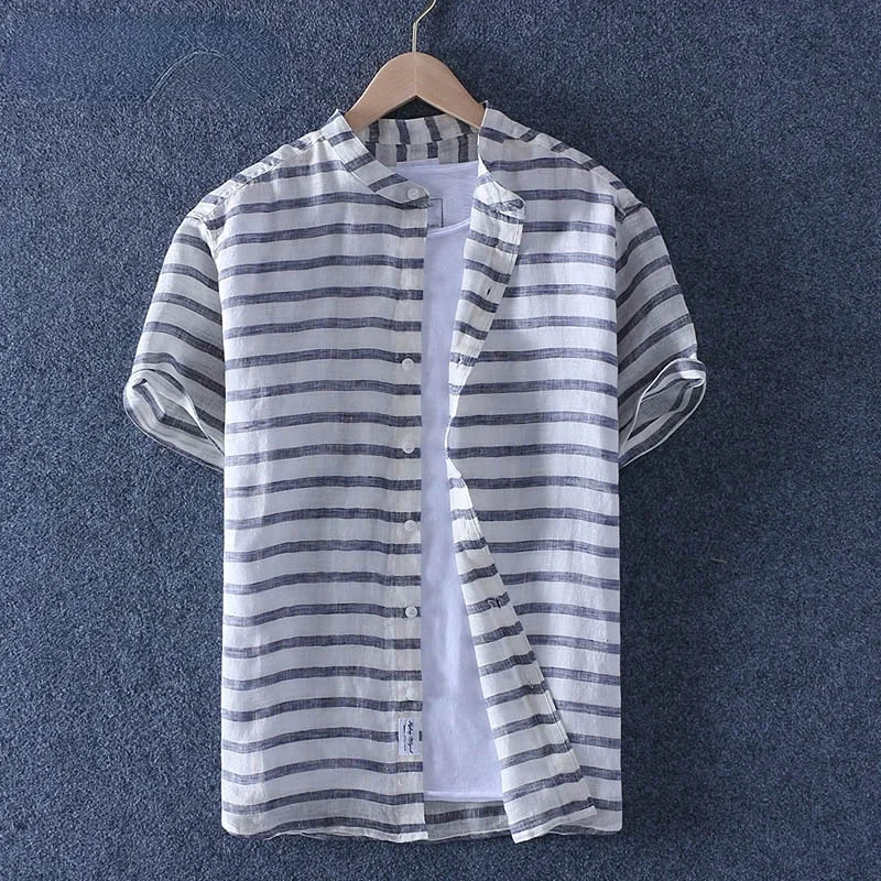 

Men Striped Summer Shirt Men Breathable Stand Collar Short Sleeved Casual Shirt Comfortable New 2023