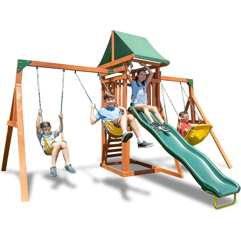 Exclusive Sherwood Wood Swing Set with 3 Swings, Slide, and Covered Deck with Slide