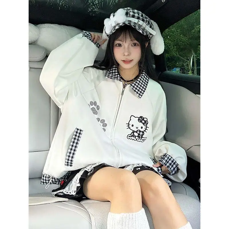 

Женская осенняя куртка Sanrio Hello Kitty в стиле винтаж, с вышивкой, в клетку, из искусственного хлопка, в стиле американского и японского колледжейского стиля, оверсайз