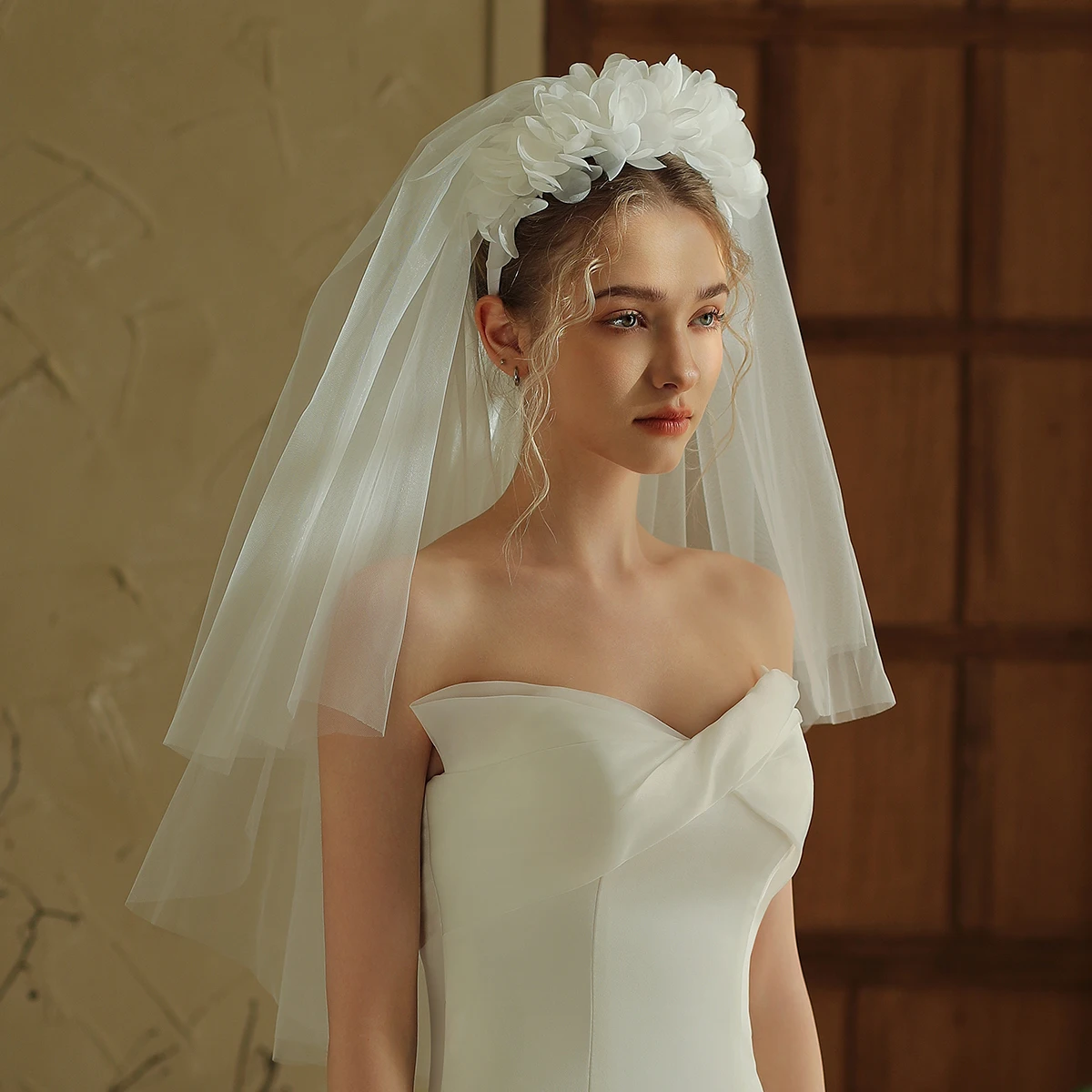 V379 super fairy white flower bridal veil headband double-layer wedding certificate registration photo prop