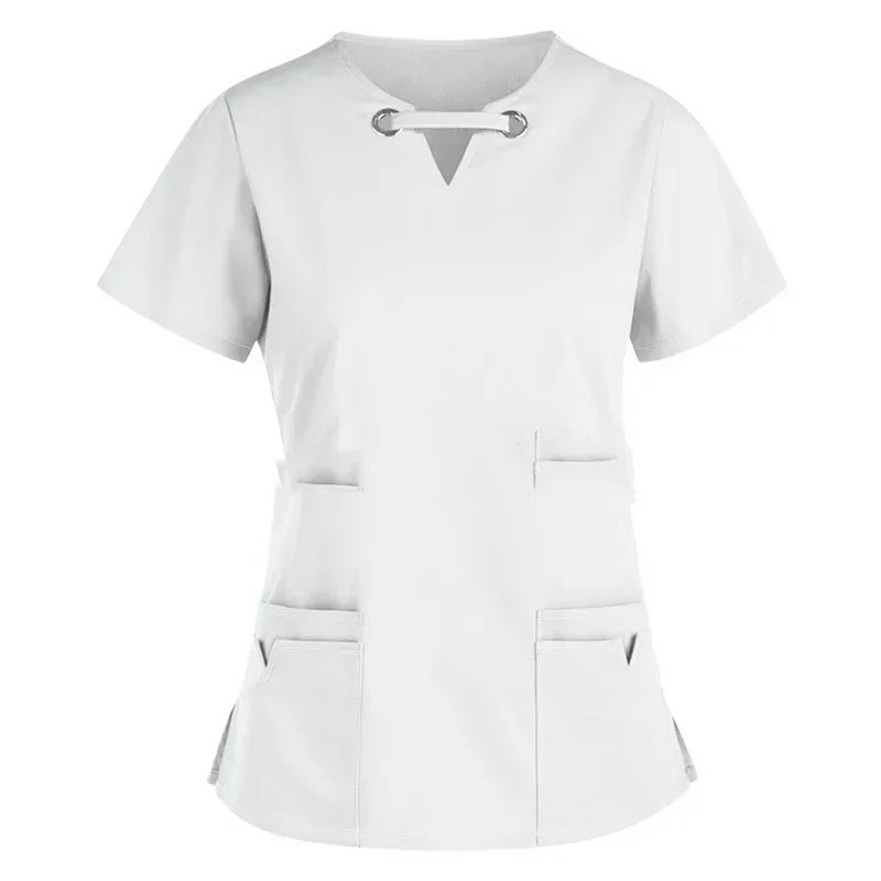 Solid Scrub Tops Healthcare Tunic Women Short Sleeves Hospitality Maid Nurses Uniform Cares Therapist Dentist Workwear Female