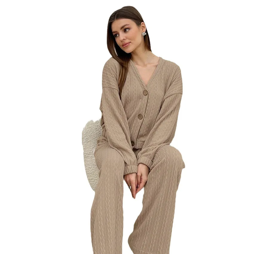 Autumn Loose Knit Pajama Sets For Women Long Sleeve Cardigan Tops With Trousers Two Piece Suit Casual Home Sleepwear Lady Pyjama