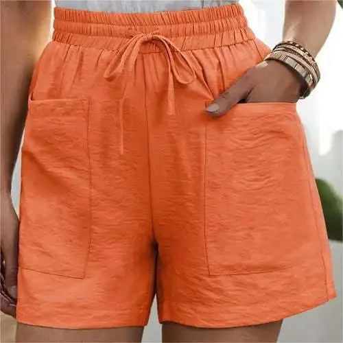 Summer Women's New Loose Linen Casual Shorts Pocket Solid Color Large Size High Waist Wide Leg Pants