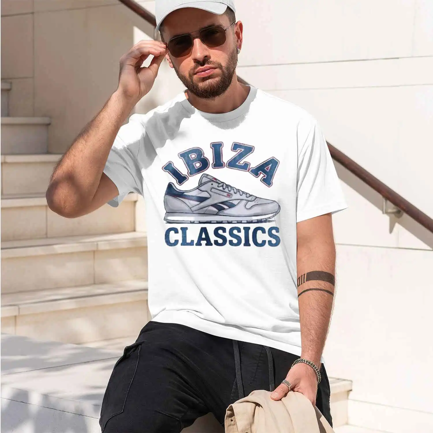 Vintage Sporty Ibiza Print d White Crewne T Shirt Men Retro Streetwear Casual Graph T Shirts 2026 New Model Short-sleeve crewnec