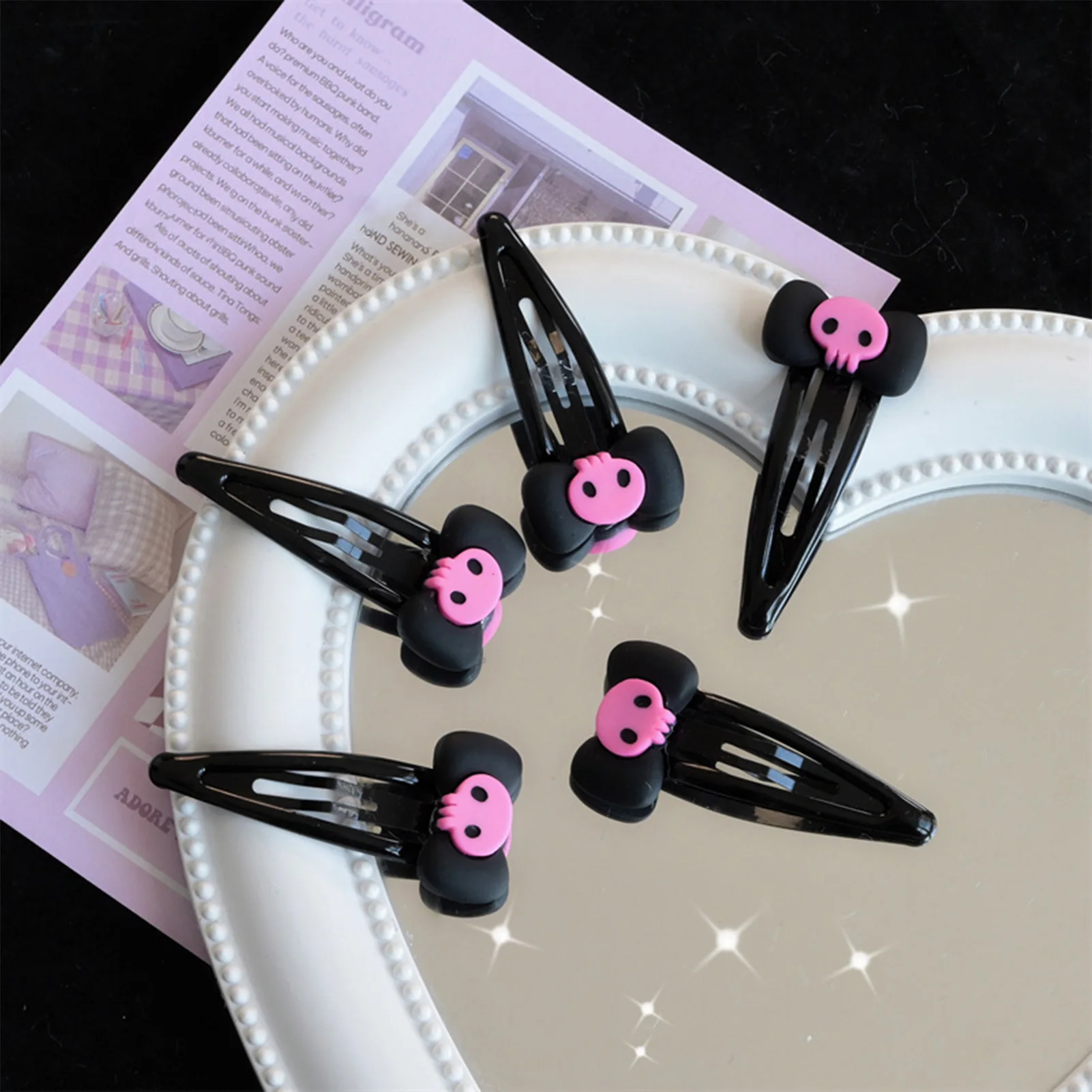1/2/5/10Pcs Gothic Pink Skull Hair Clip - Black Bowknot BB Clip, Punk Hair Accessories for Women Girls Happy Halloween Party view 4