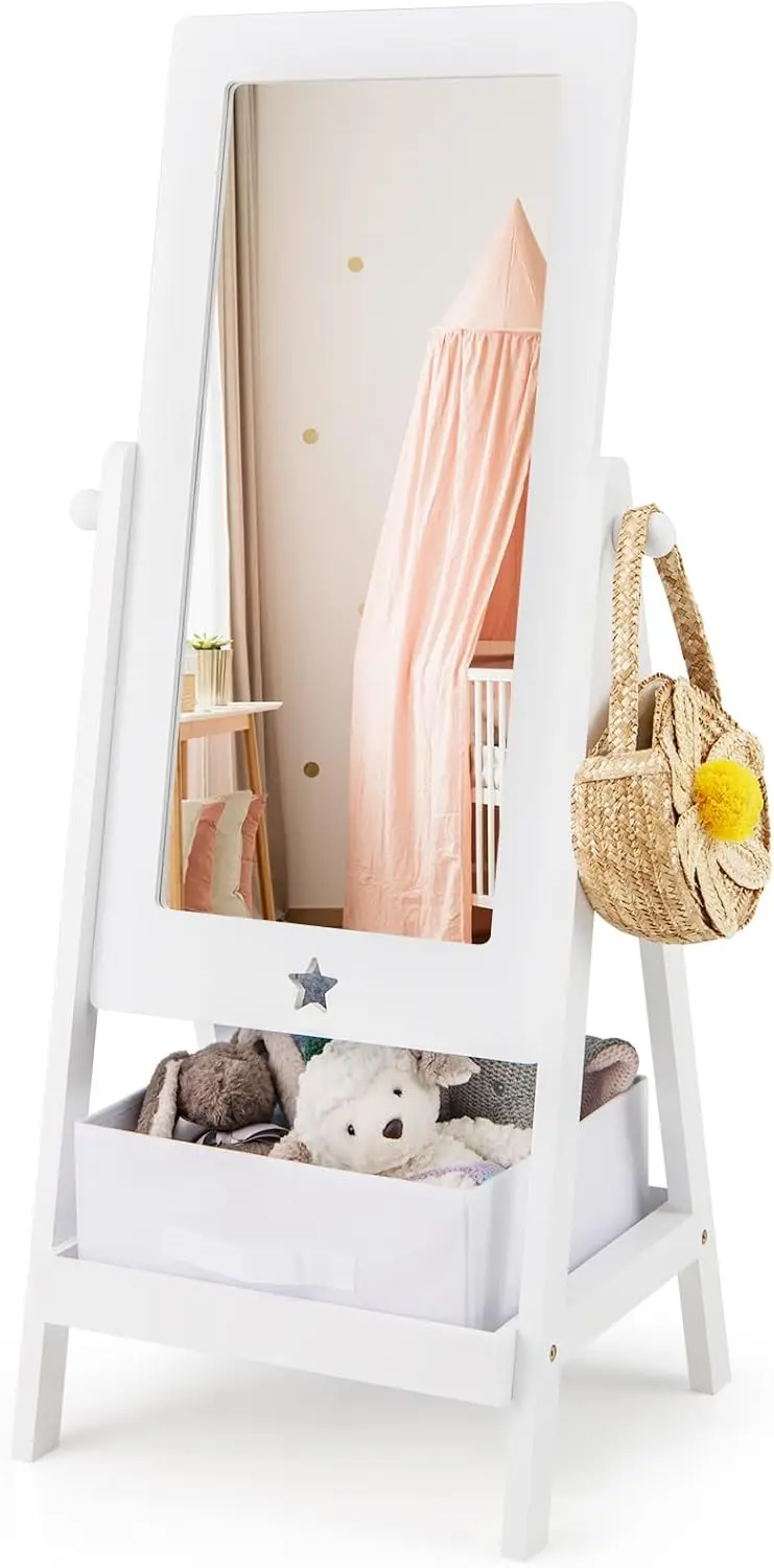 

Kids Full Length Mirror with Storage Shelf, Rotatable Dressing Mirror for Girls Bedroom, Safe and Adjustable, White
