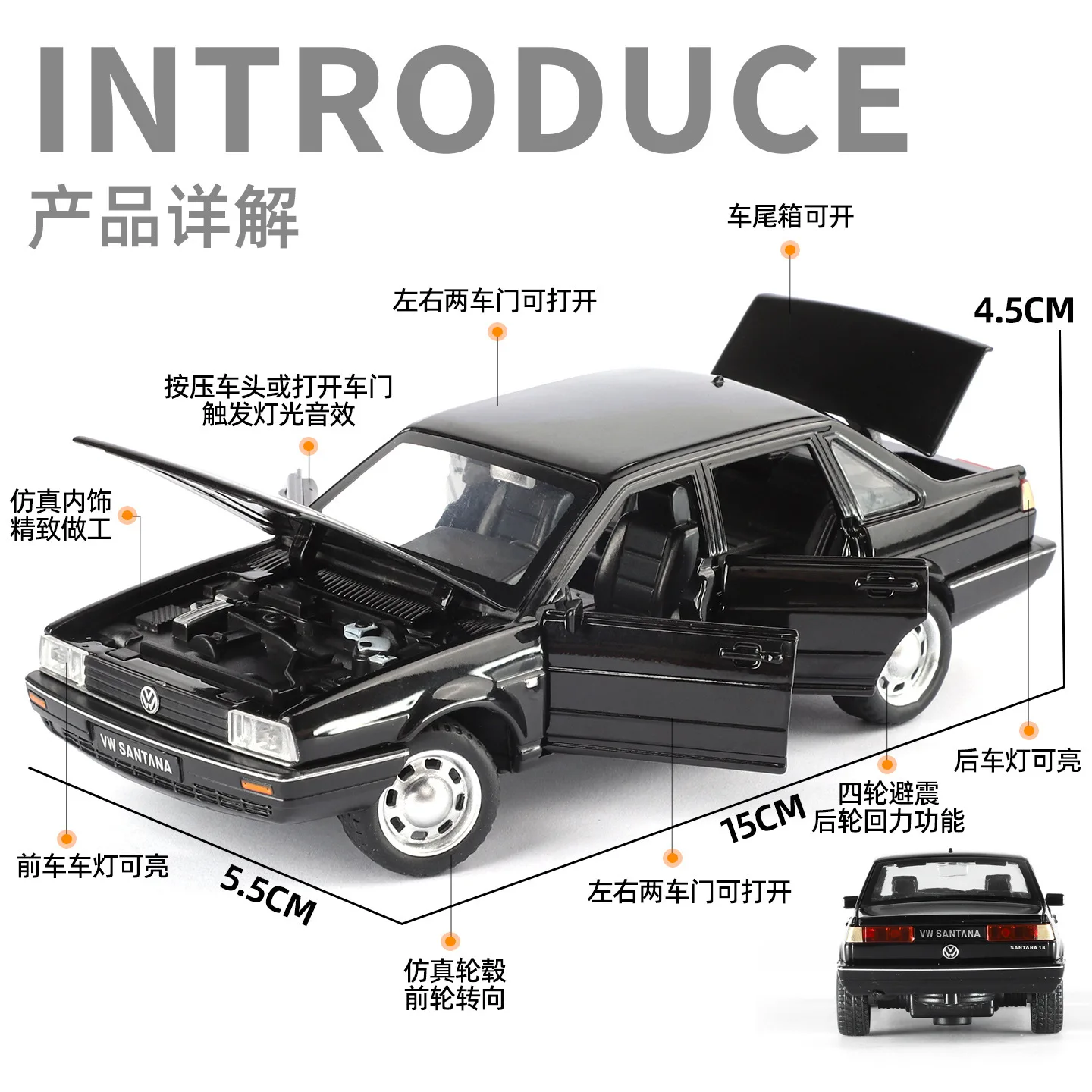 NEW 1:32 레트로 산타나, 소리와 빛이 나는 풀백 장난감 자동차, 사운드 모델, 장식용 선물