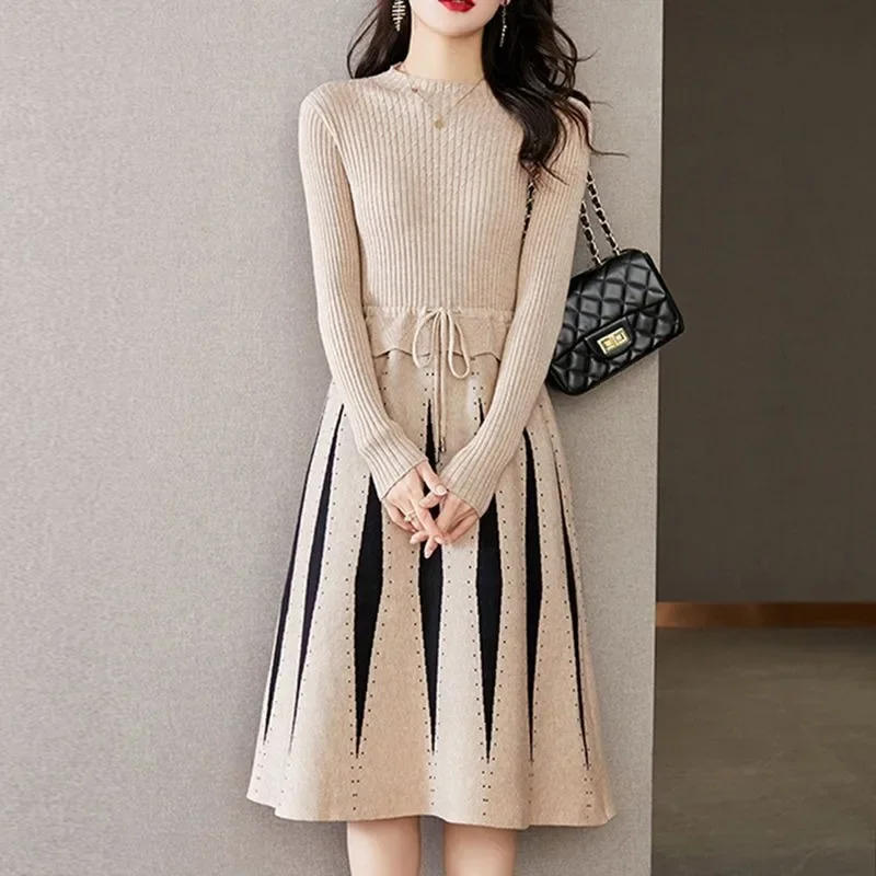 

Knitted Dress Sweater Women Autumn and Winter Round Neck Long Sleeve Bottom Knitted Shirt Medium Length Woolen Dress Z45