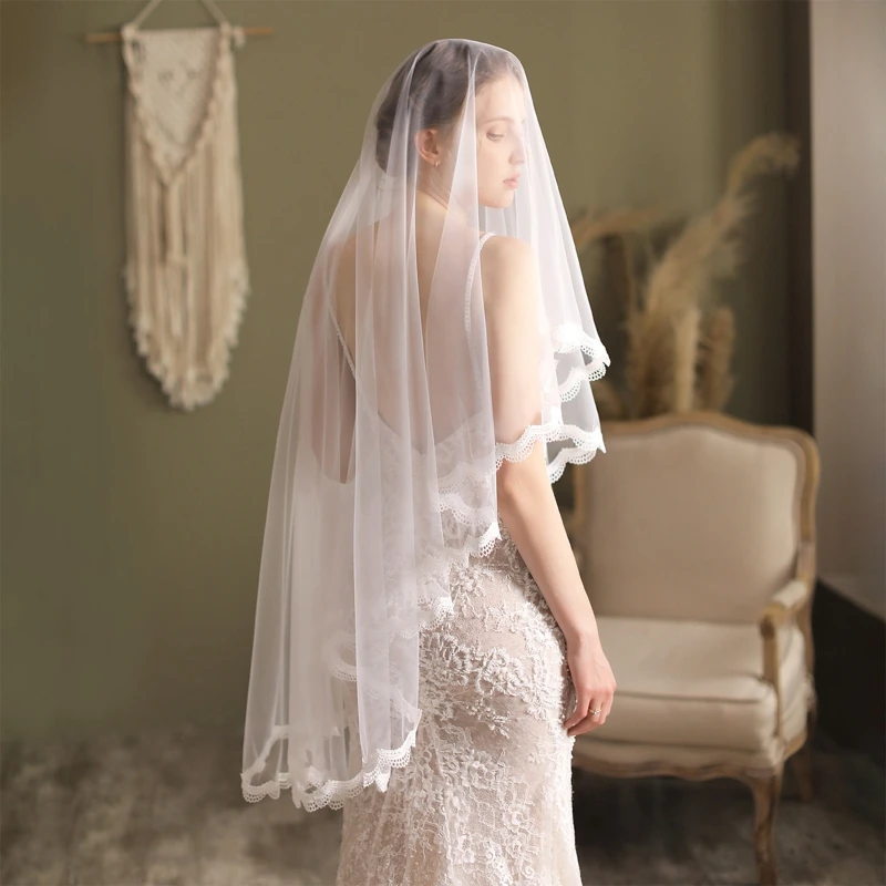 

Bridal Veil with Comb 2 Tier Elbow Length Sheer Tulle Lace Trim for Wedding