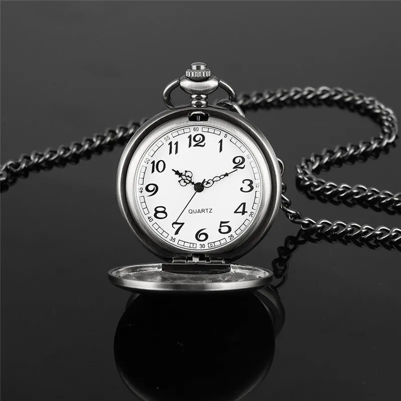 Vintage Matte Hitam Perak Full Hunter Cover Uniseks 'S Quartz Pocket Watch Kalung Liontin Rantai Nomor Arab Hadiah Jam Tangan