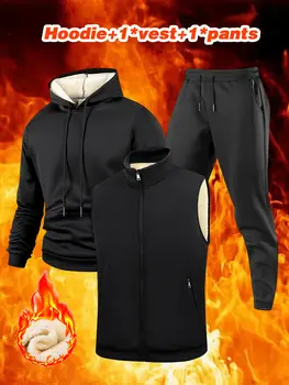 Pánská podzimní a zimní teplá tepláková souprava pro každodenní nošení, ležérní sportovní mikina s kapucí a vestou, 3dílná sada, venkovní, jogging, běhání, pánské sportovní oblečení 10 nejlepší prodej Pánská tepláková souprava, 3 díly - №4