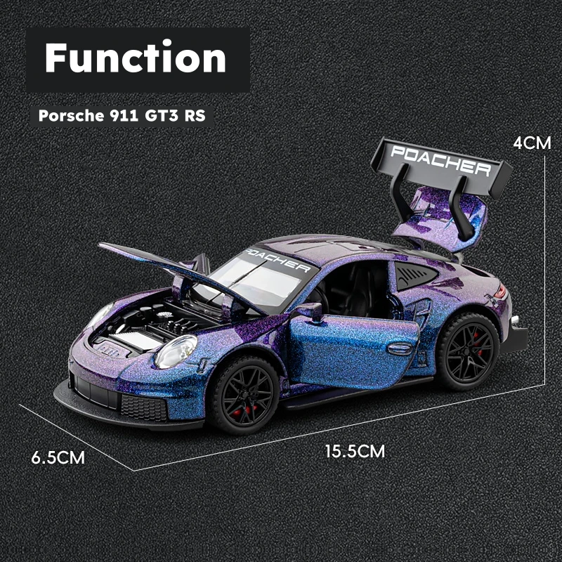 1/32 Porsche 911 GT3 RS Racing Toy Car Model Diecast Metal Rally Miniature Pull Back Sound & Light Collection Gift For Boys Kid