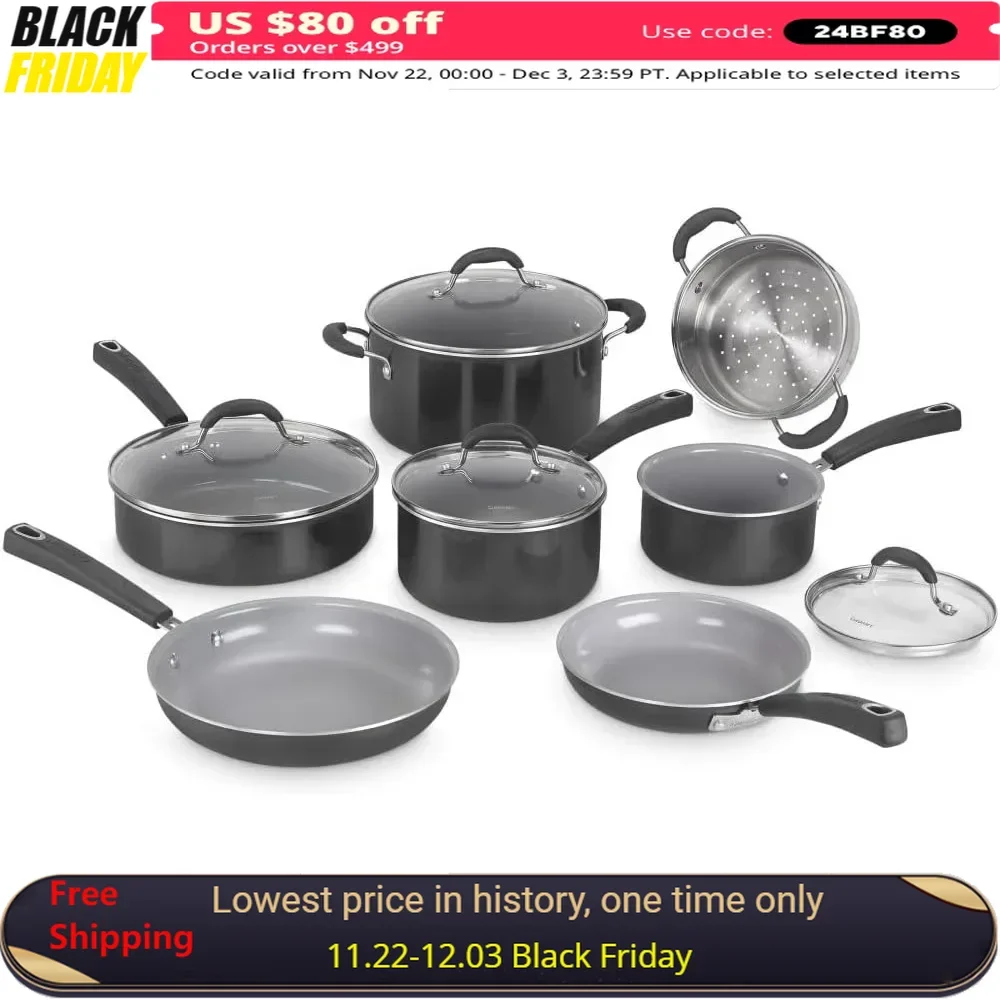 

11-piece nonstick cookware set that provides long-lasting food release that you can savor, black