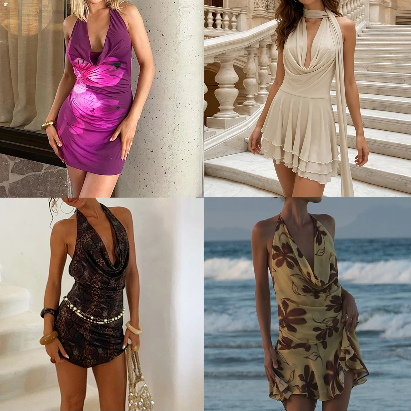 SUCHCUTE [Kollektion] Sexy Neckholder-Kleider mit Swing-Ausschnitt und Print für Damen, Sommerurlaub, Minikleid, kokettes Y2k-ärmelloses Outfit