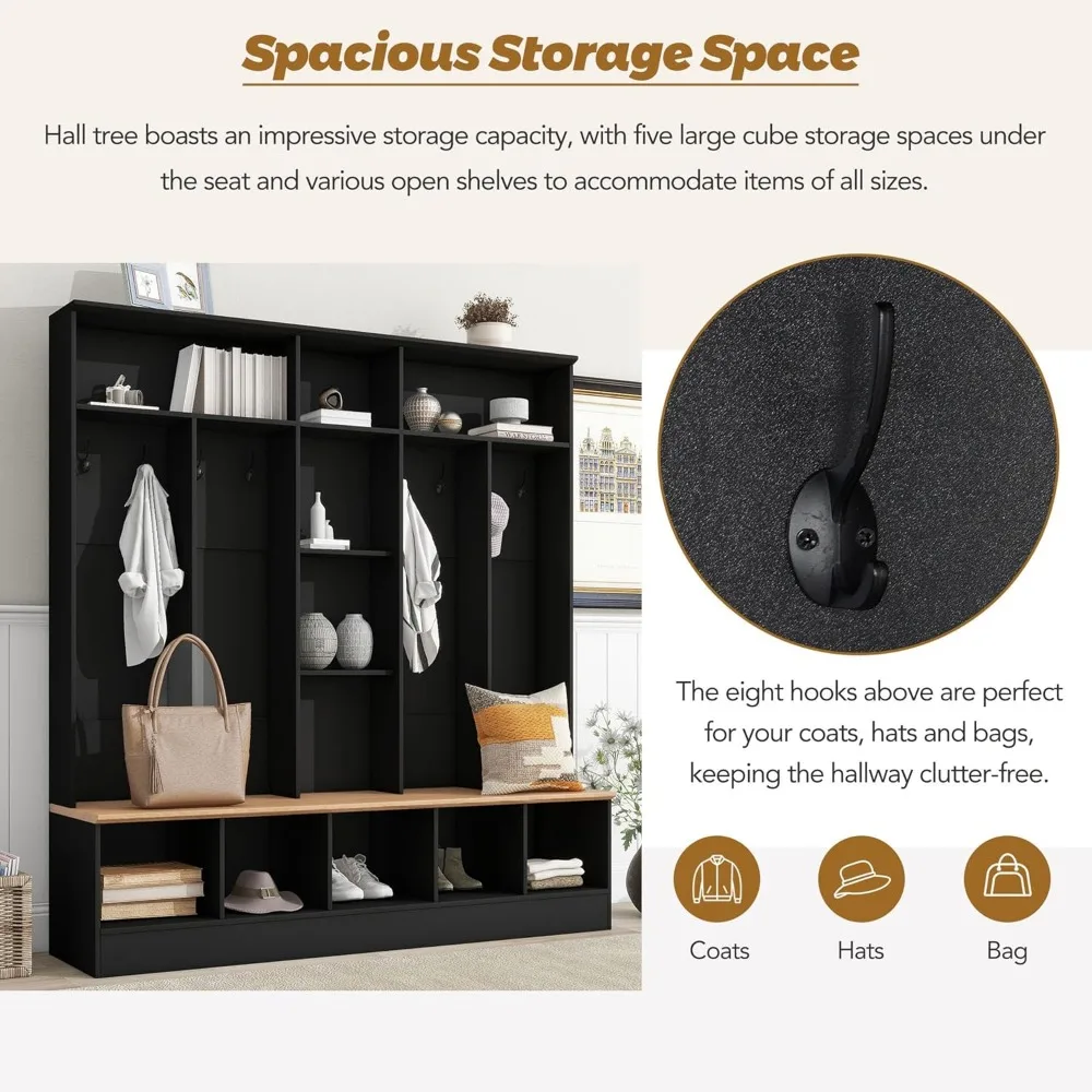 مقعد تخزين شجرة القاعة الواسعة متعدد الوظائف مع خزانة أحذية وأرفف مكعبة للمدخل البسيط الحديث