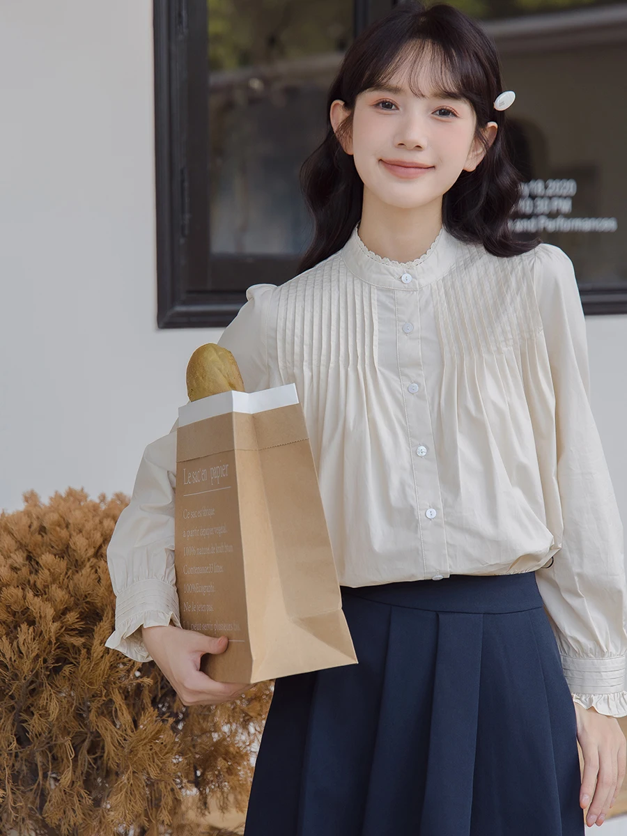 

Женская блузка с воротником-стойкой и длинным рукавом, весна-осень, новый дизайн, с рюшами, прямого кроя, на пуговицах